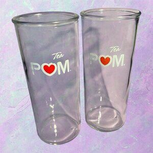 Vintage Set of 2 POM Tea 16oz Clear Glasses w/ Heart & Leaf Logo 6.5" Tall